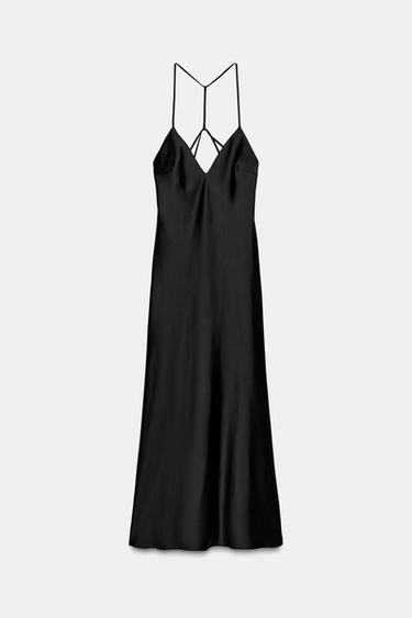 Zara SATIN MIDI DRESS WITH STRAPPY BACK - Black