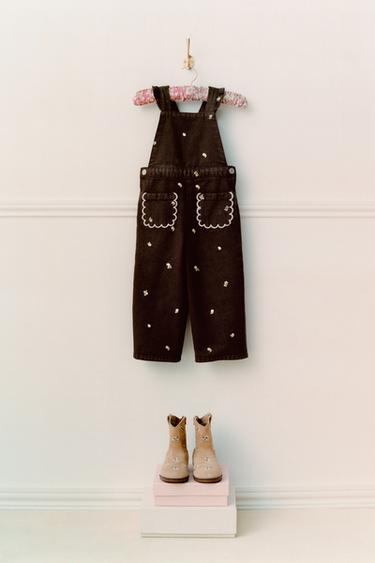 LONG DUNGAREES WITH EMBROIDERED FLOWERS - Brown by Zara