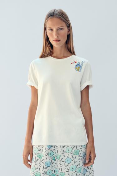 Zara FRONT EMBROIDERED T-SHIRT LIMITED EDITION - Ecru
