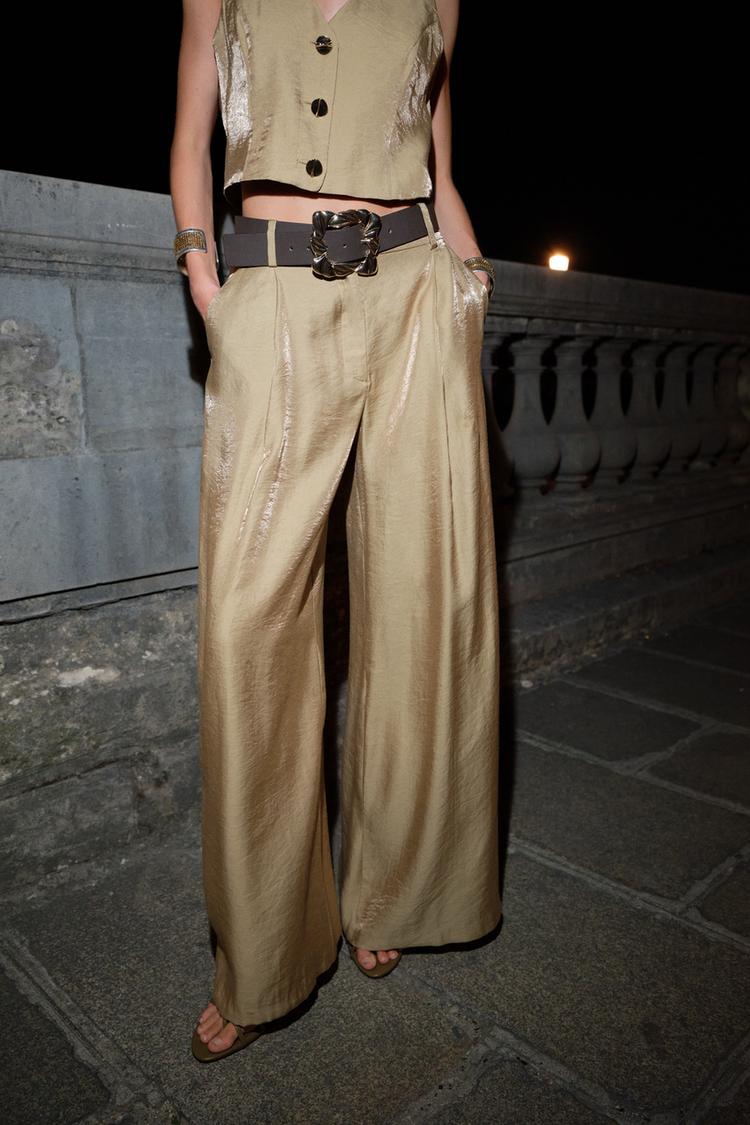 SATIN WIDE LEG BELTED PANTS
