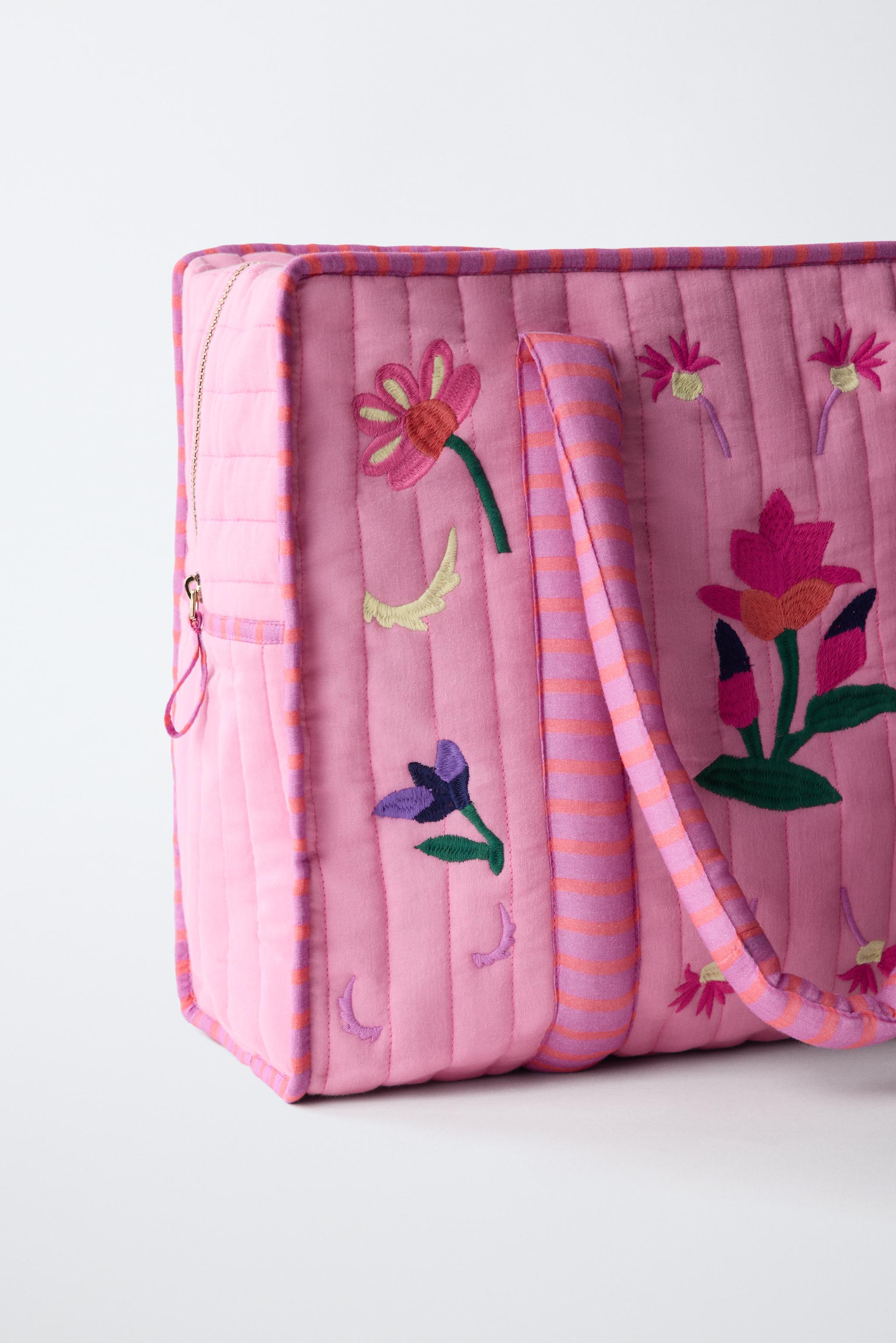 EMBROIDERED FLORAL SHOPPER — Pink