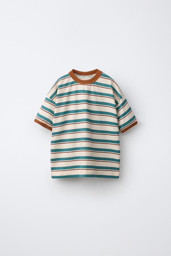 STRIPE PRINT T-SHIRT - Ecru / Green by Zara - Image 0