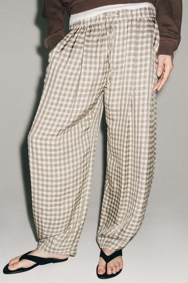 Zara ZW COLLECTION 格紋飄逸長褲 - 裸色