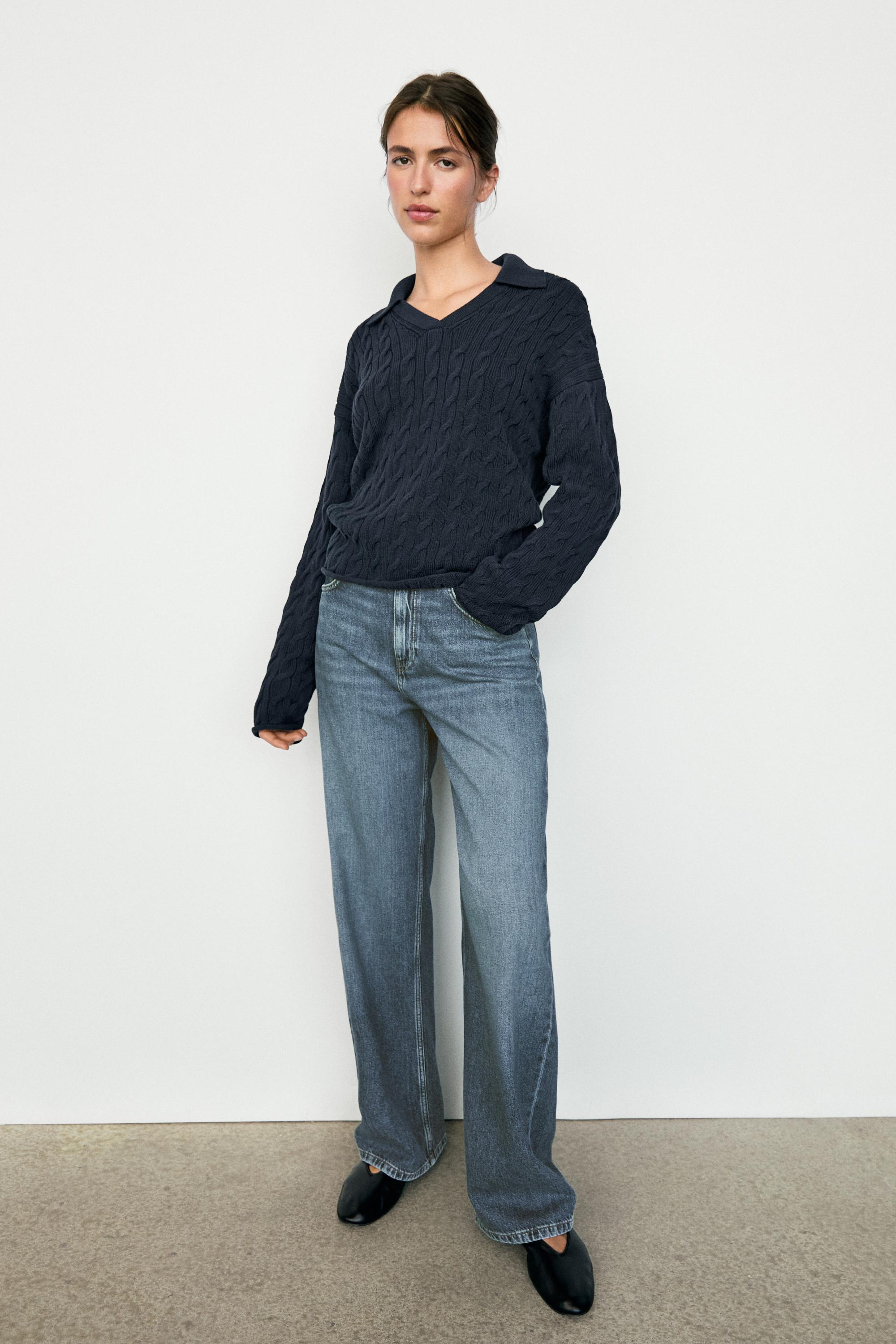 Cotton blend knit polo collar sweater