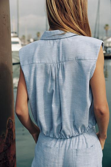 LINEN BLEND PUFF SLEEVE TOP WITH SHOULDER PADS - Light blue by Zara - Image 2