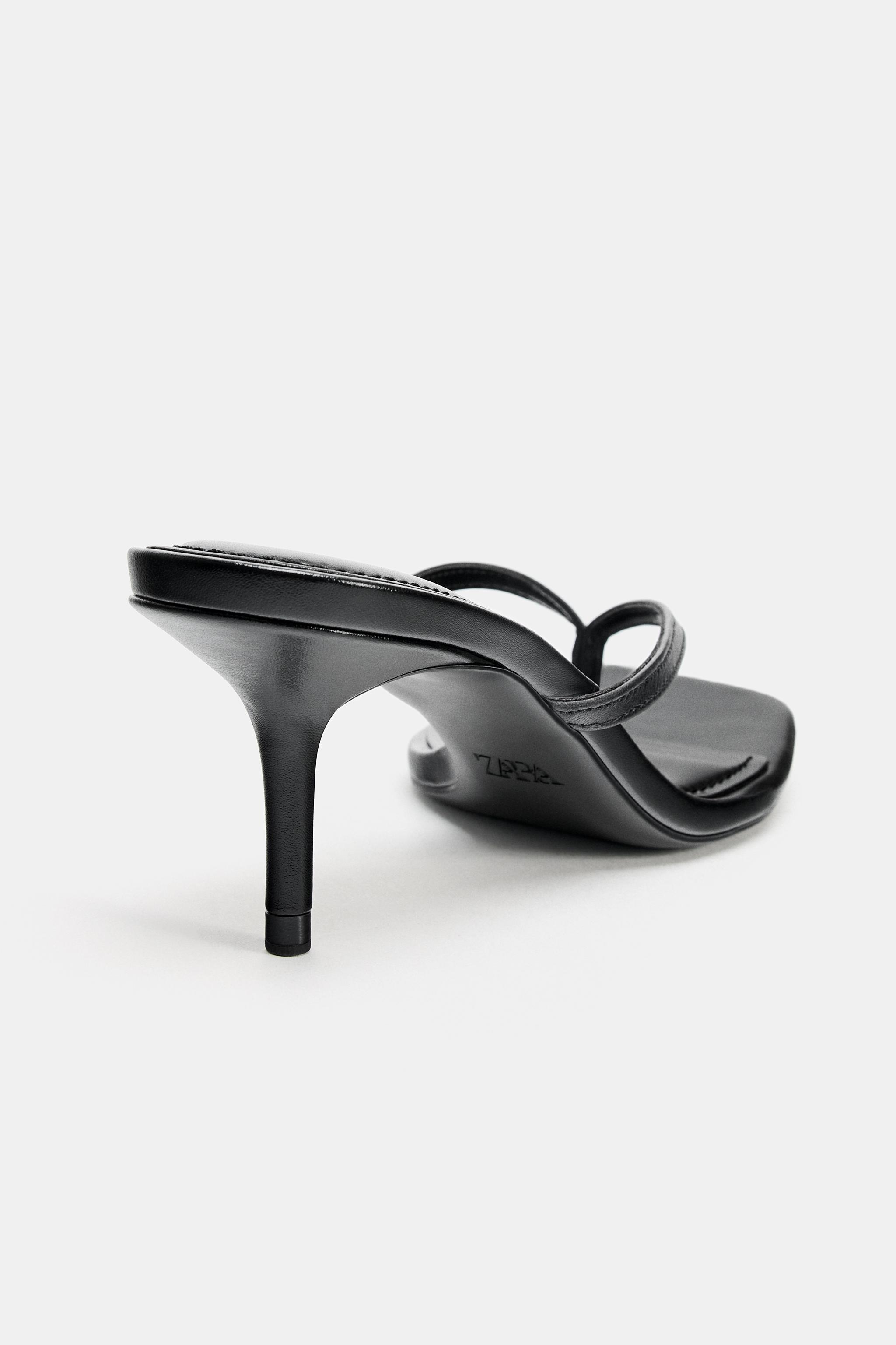 Женские сандалии Zara LEATHER STRAP HEELED SANDALS — фото 4