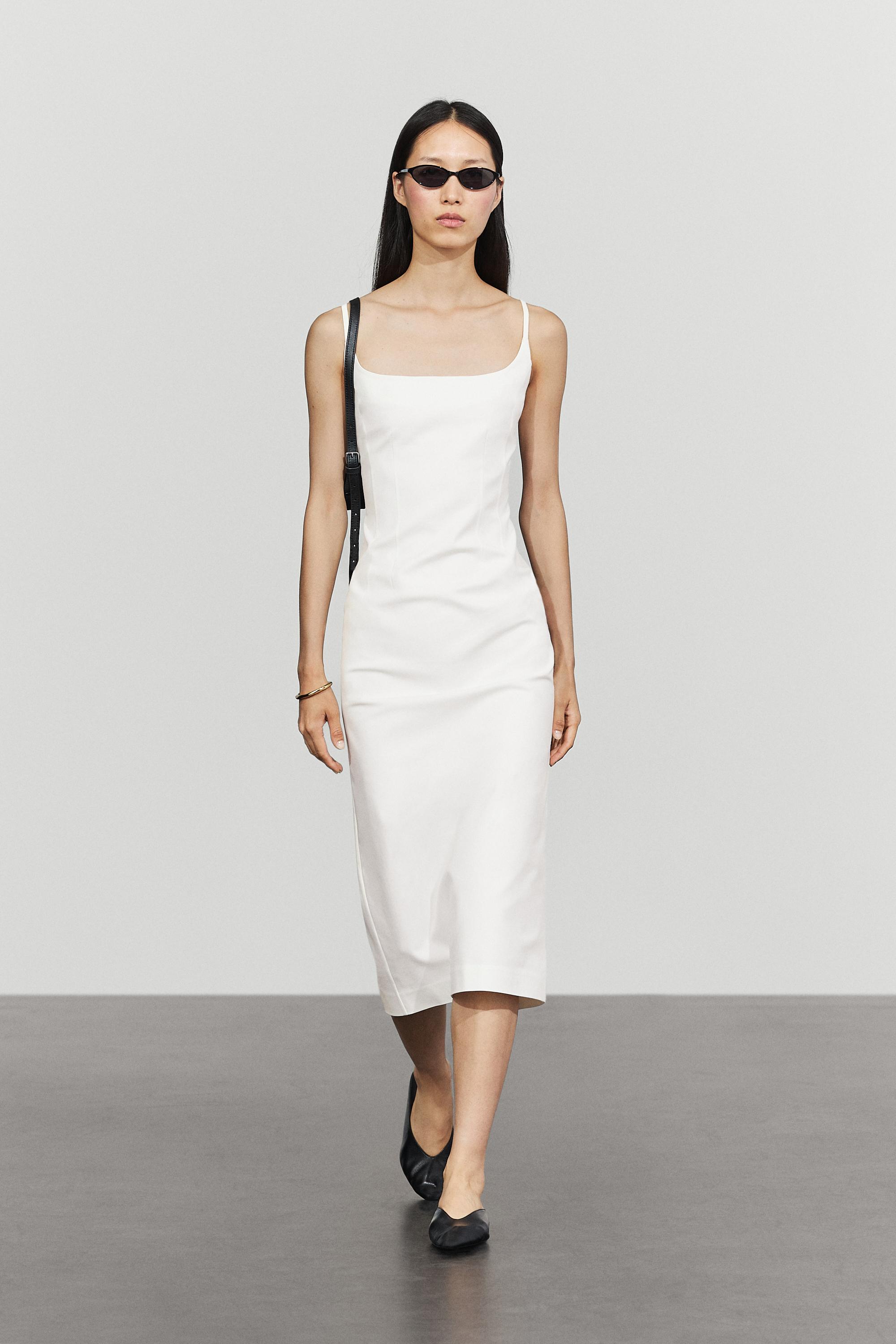 Cotton blend stretch midi dress — White
