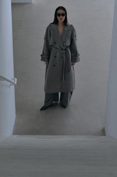 Zara 雙排扣腰帶大衣 - 斑紋灰色