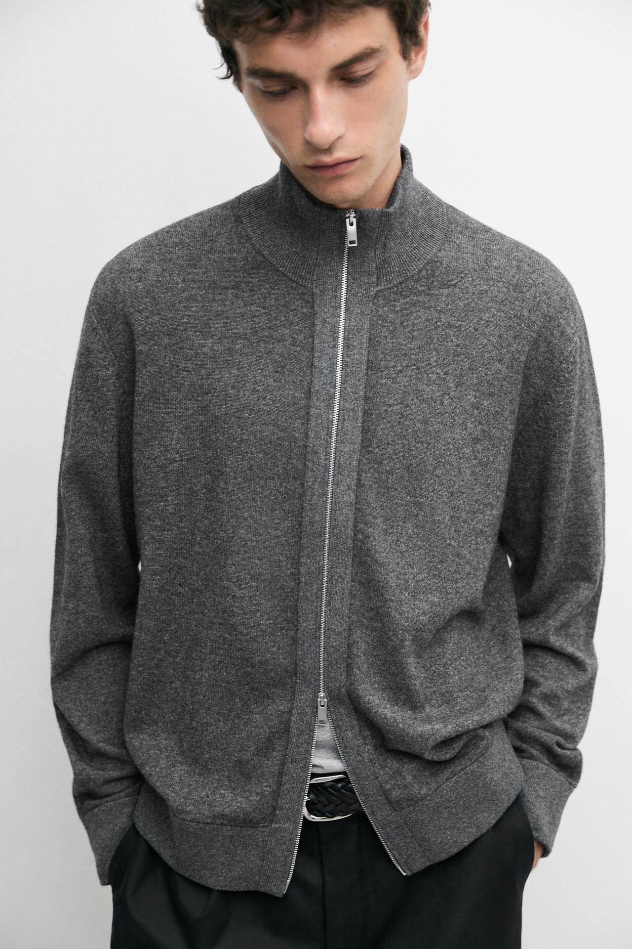 Wool blend cardigan with zip detail — Gray / Beige