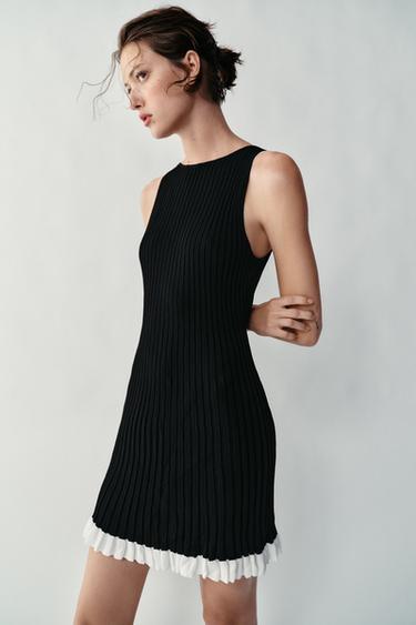 knitted zara dress BNWT Long Sleeve Crochet Appliqus Knit Midi 1957/021 Mink Beige Sz S Front pockets ZARA Knit Mini Dress by
