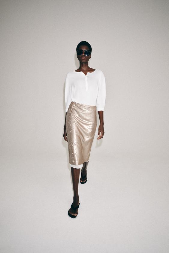 JUPE MIDI PAILLETTES ZW COLLECTION - Beige de Zara - Image 0