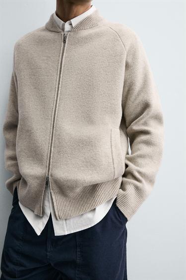 100% WOOL KNITTED BOMBER JACKET - Grey / Beige by Zara - Image 4