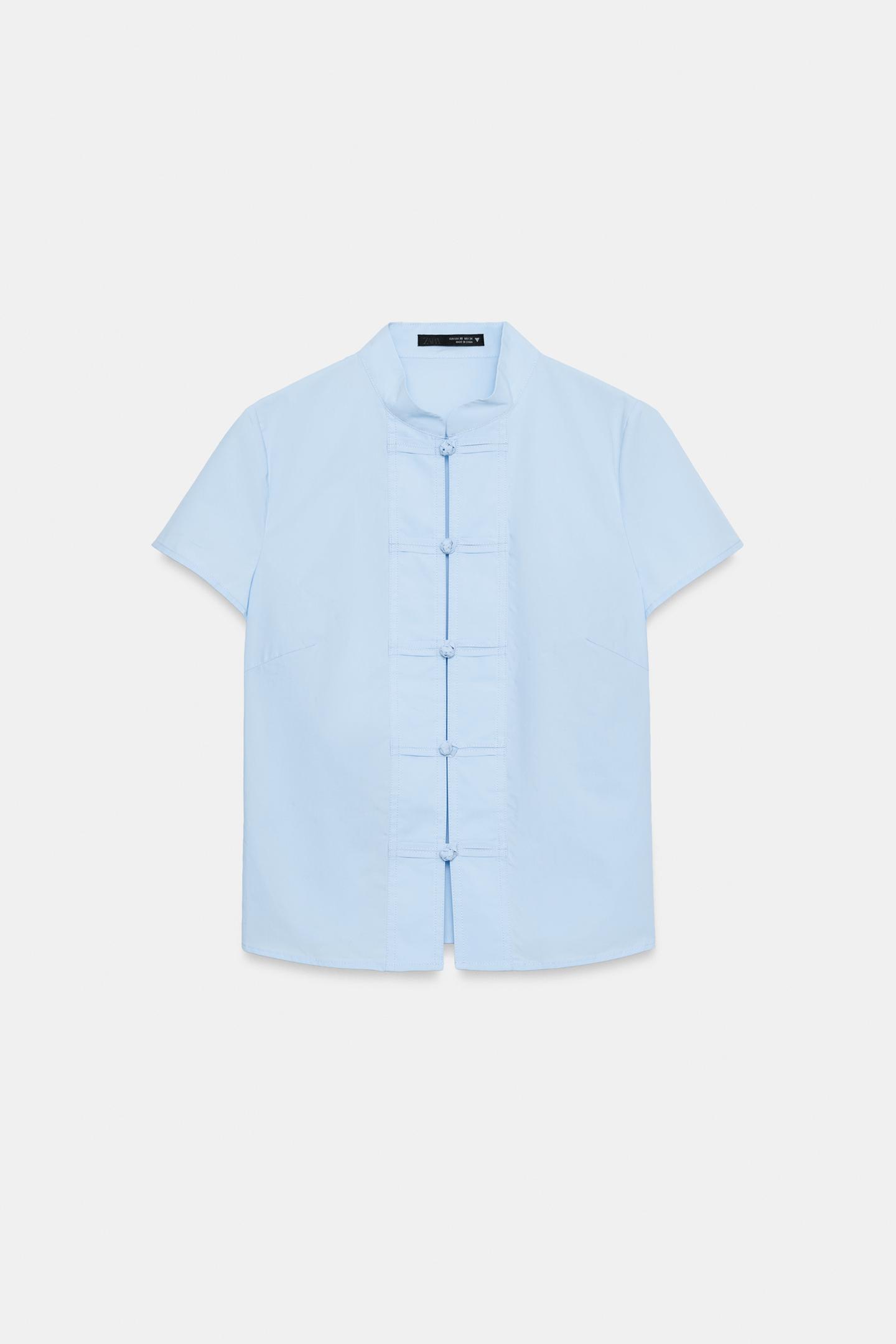 Женская рубашка Zara Poplin Shirt with Frog Fastening, цвет: Синий — фото 4