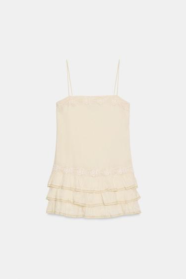 Zara EMBROIDERED RUFFLED MINI DRESS - Light yellow