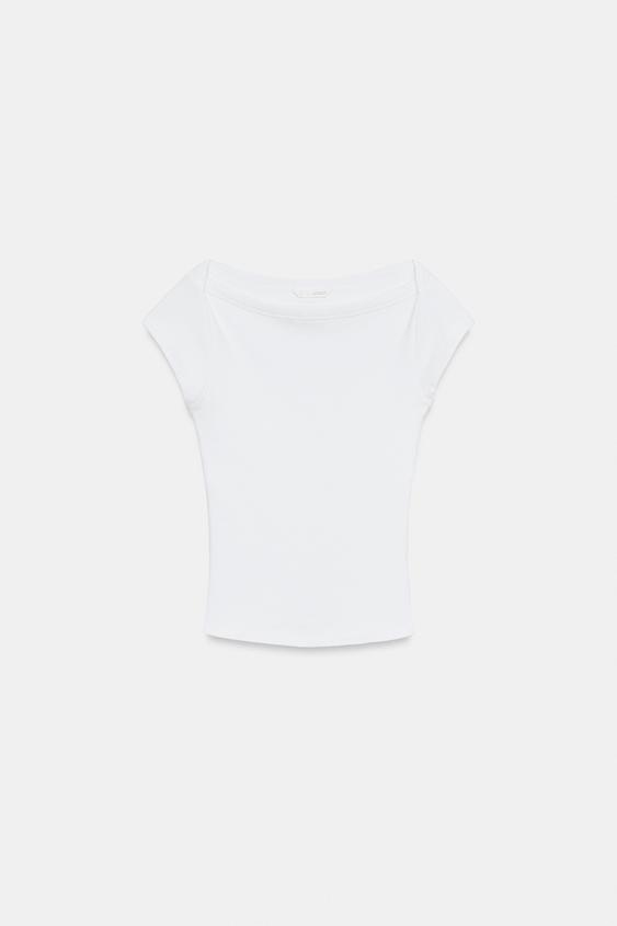 CAMISETA CUELLO BARCO - Blanco de Zara - Imagen 0