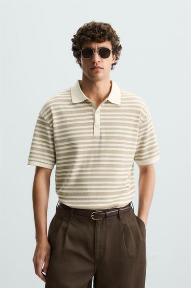 Zara JACQUARD STRIPED POLO SHIRT - taupe brown