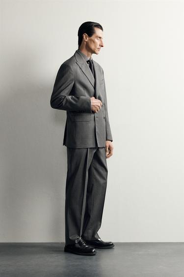 100% WOOL STRIPED REGULAR FIT SUIT PANTS — Gray / Blue 2