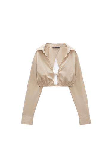 ELASTIC LINEN BLEND CROPPED SHIRT