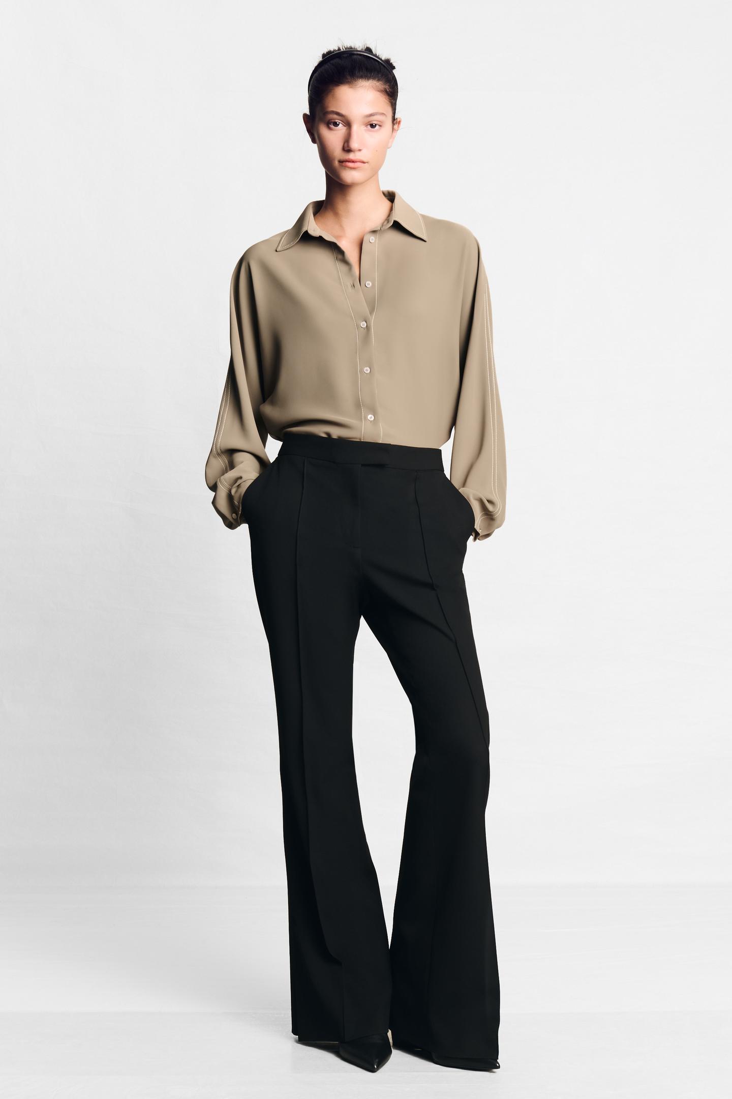 Женская рубашка Zara Contrast Topstitching, цвет: Коричневый / Серо-коричневый