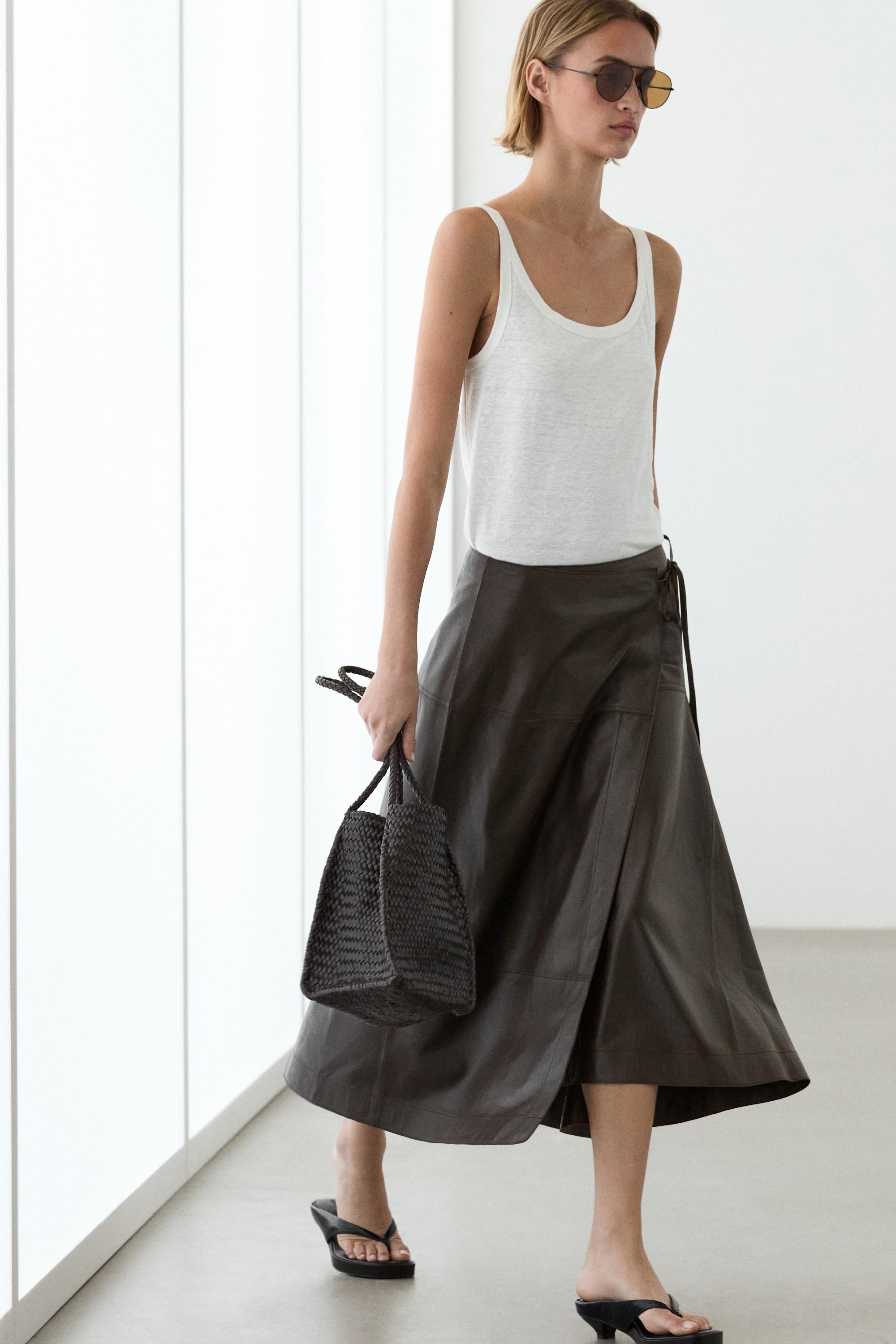 Nappa leather midi skirt with tie detail — Brown