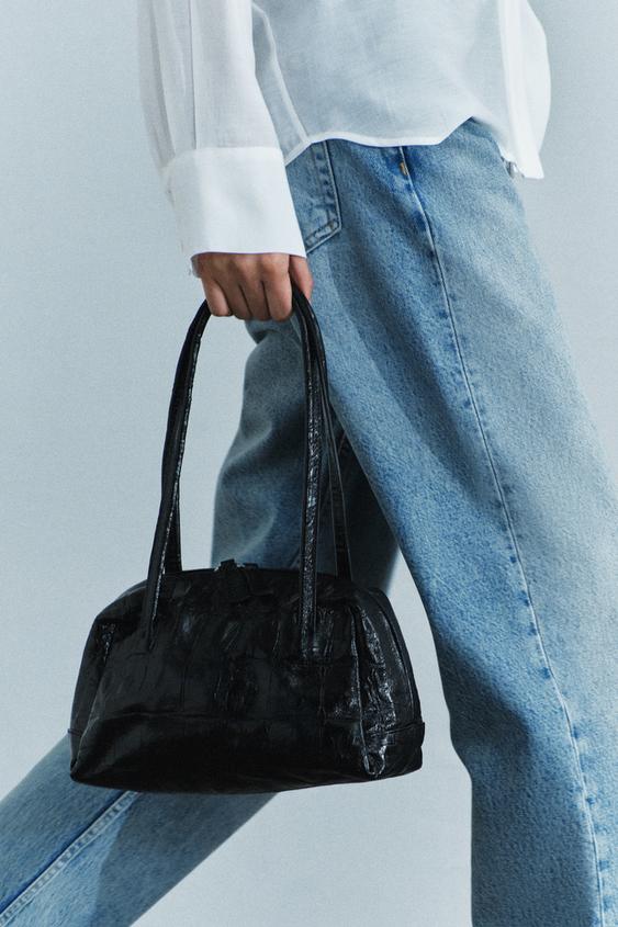 Zara 紋理真皮保齡球單肩包 - 黑色 - 圖片 0