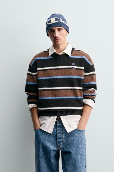 Zara CHAMPION® X ZARA STRIPED PATCH SWEATER - Chocolate