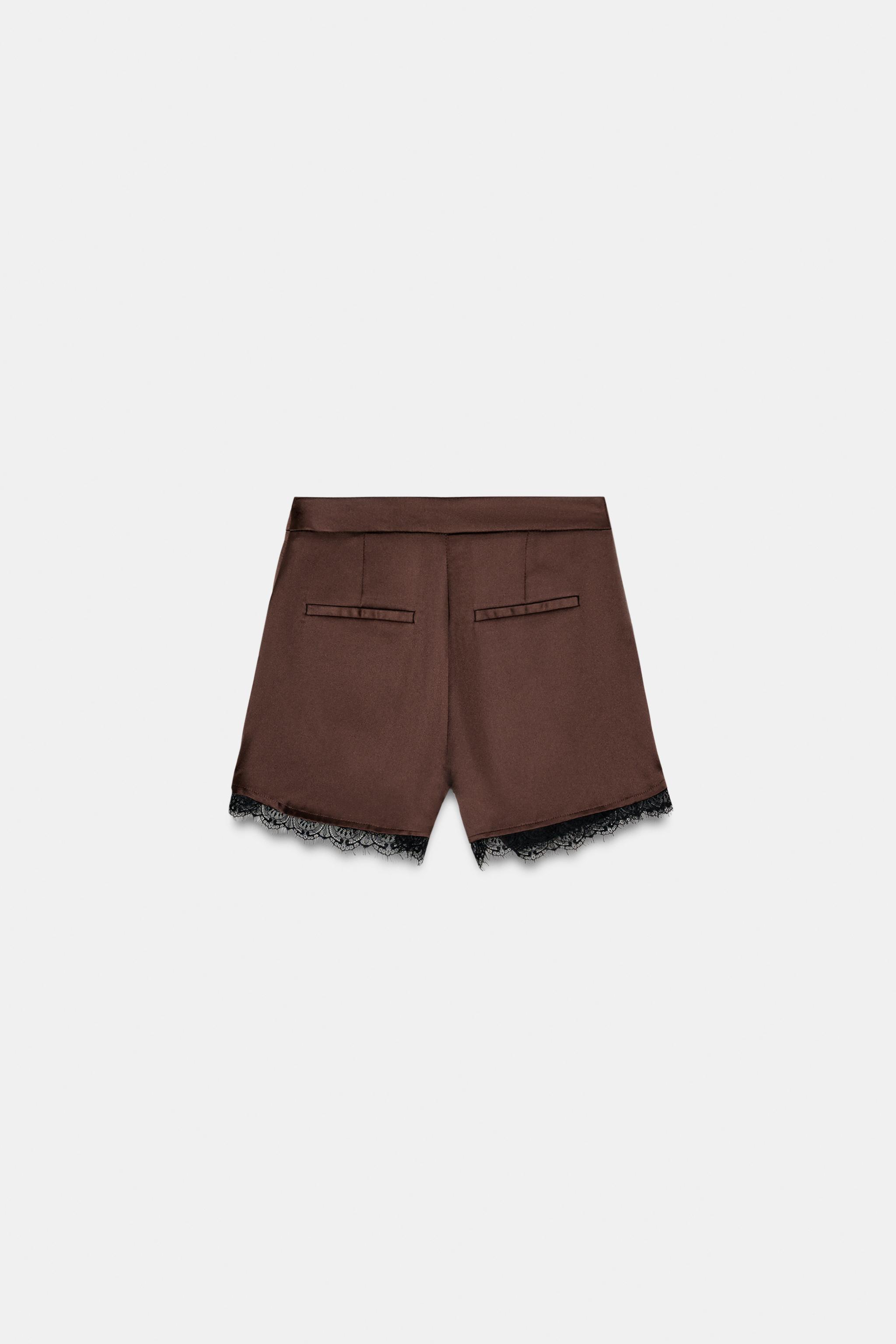 SATIN EFFECT LACE TRIM SHORTS - Brown | ZARA United States