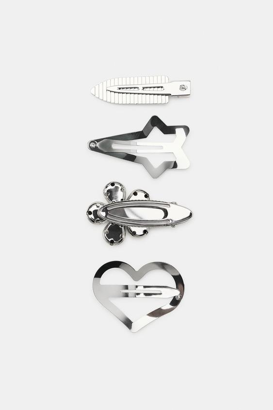 PACK OF 4 METAL FLOWER AND HEART HAIR CLIPS - Silver by Zara - Image 3