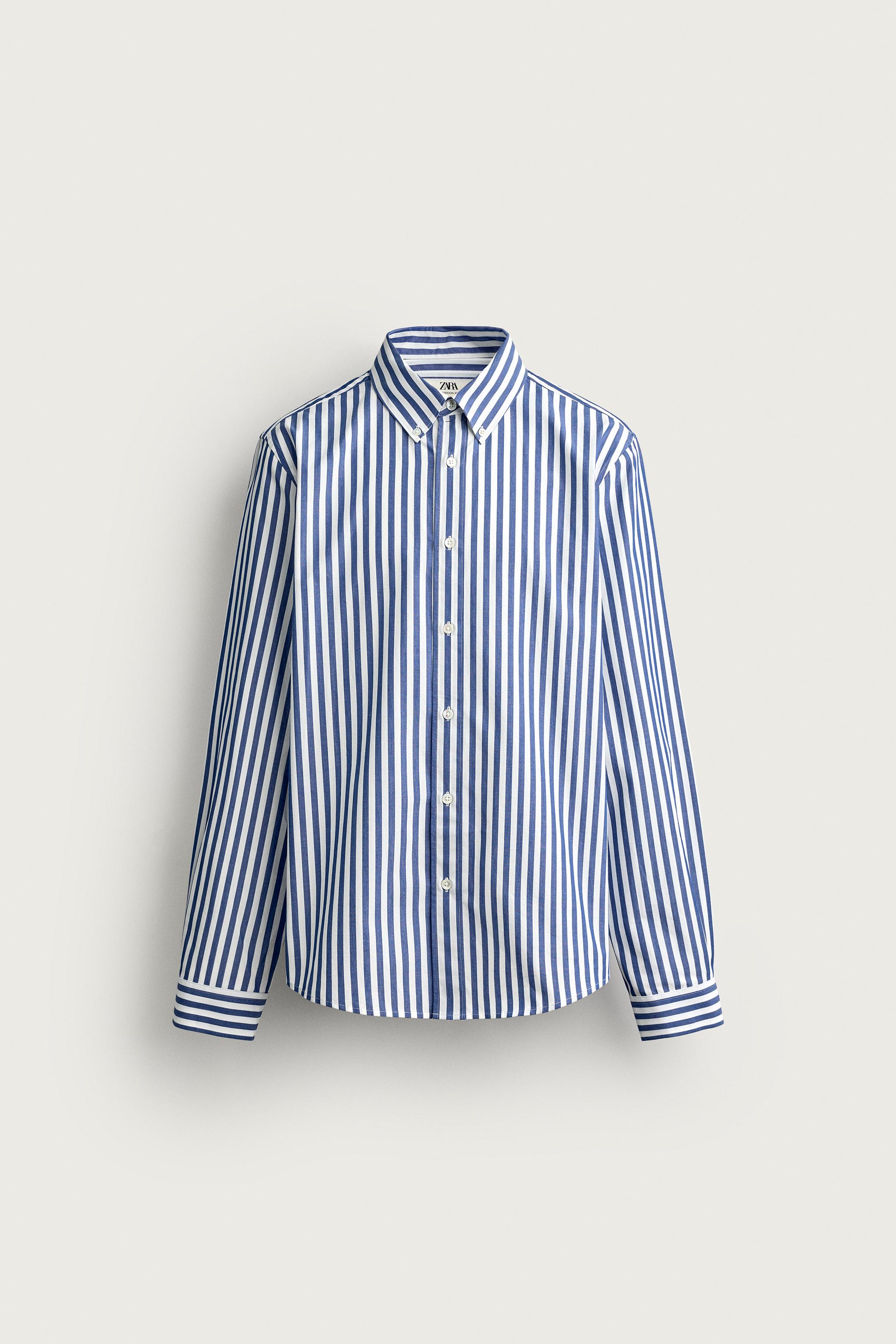 STRIPED RELAXED FIT SHIRT — Ecru / Blue