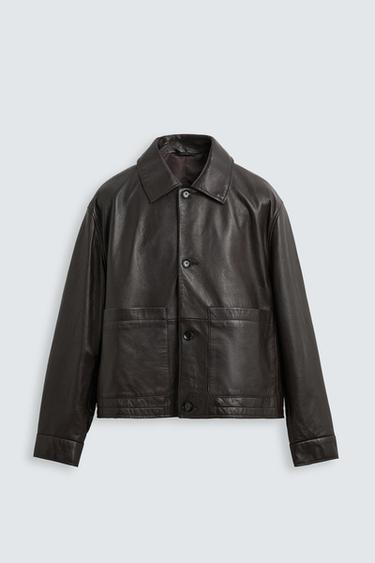 Zara POCKET LEATHER JACKET - Brown