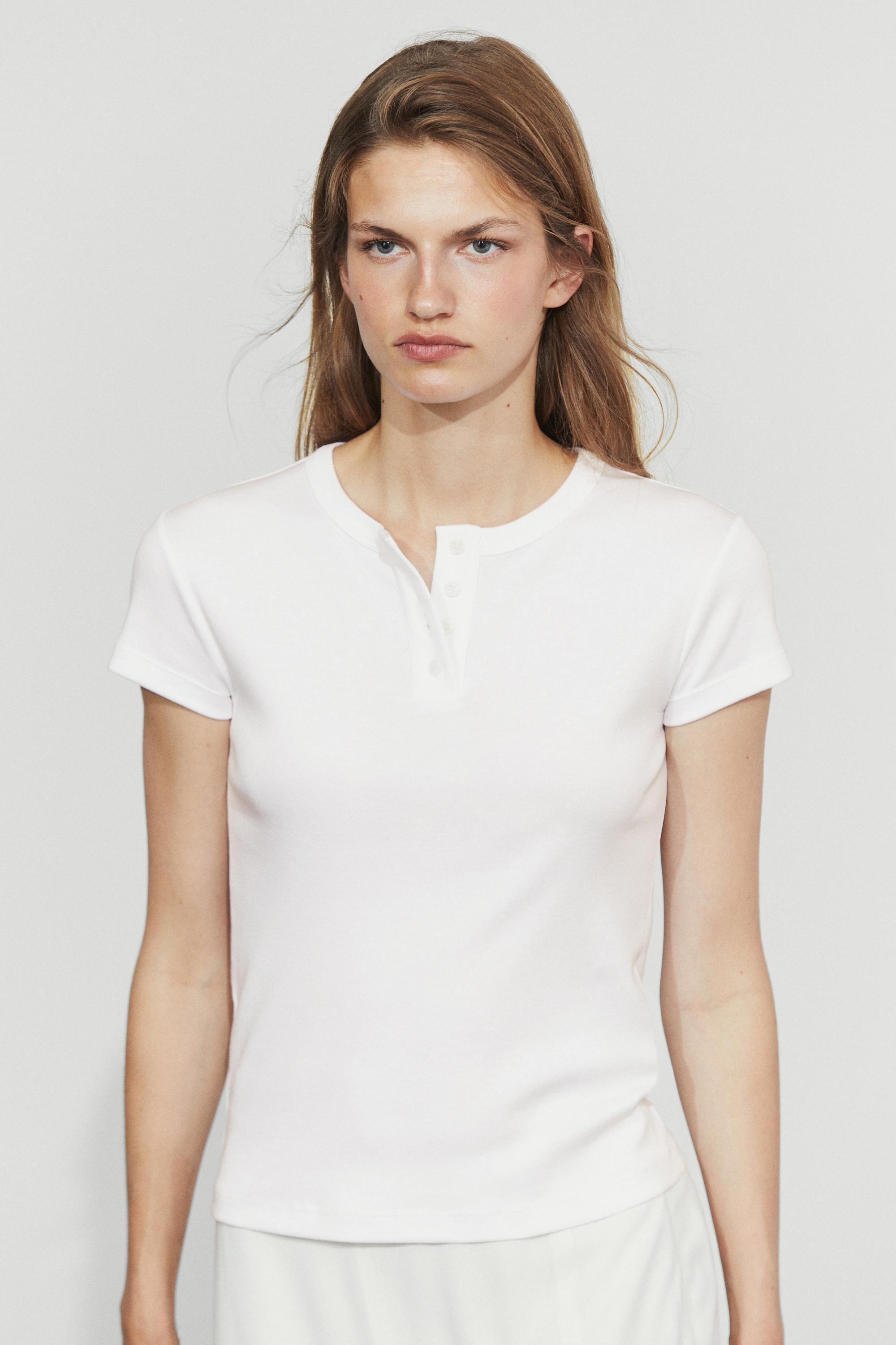 100% cotton short sleeve henley T-shirt — White