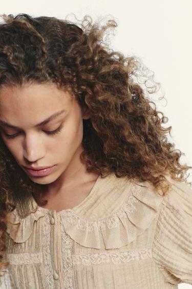 EMBROIDERED PETER PAN COLLAR SHIRT - Beige by Zara - Image 3