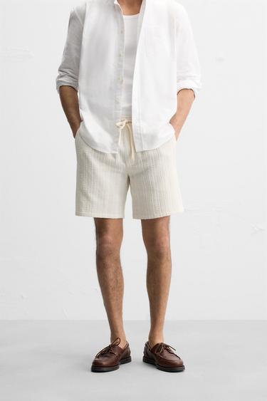 STRIPED TEXTURED BERMUDA SHORTS - Ecru by Zara - Image 1