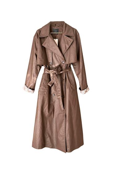 LEATHER EFFECT TRENCH WITH BELT, SQUARE DECOR PATTERN