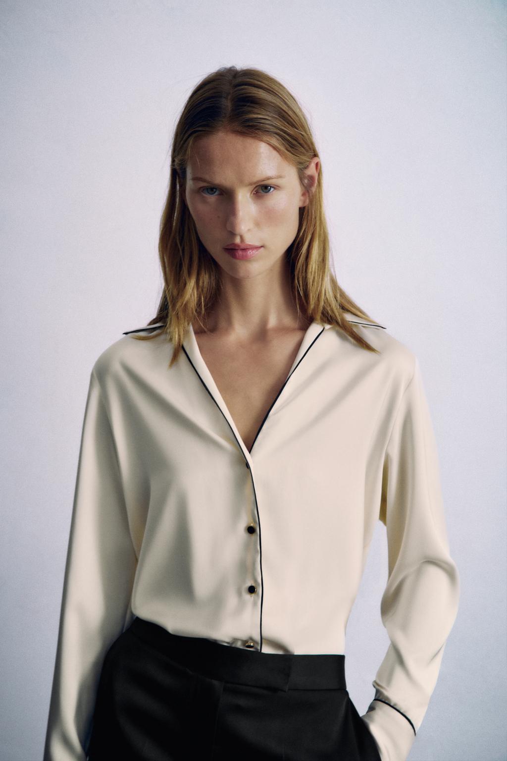 CONTRAST PIPING SATIN SHIRT