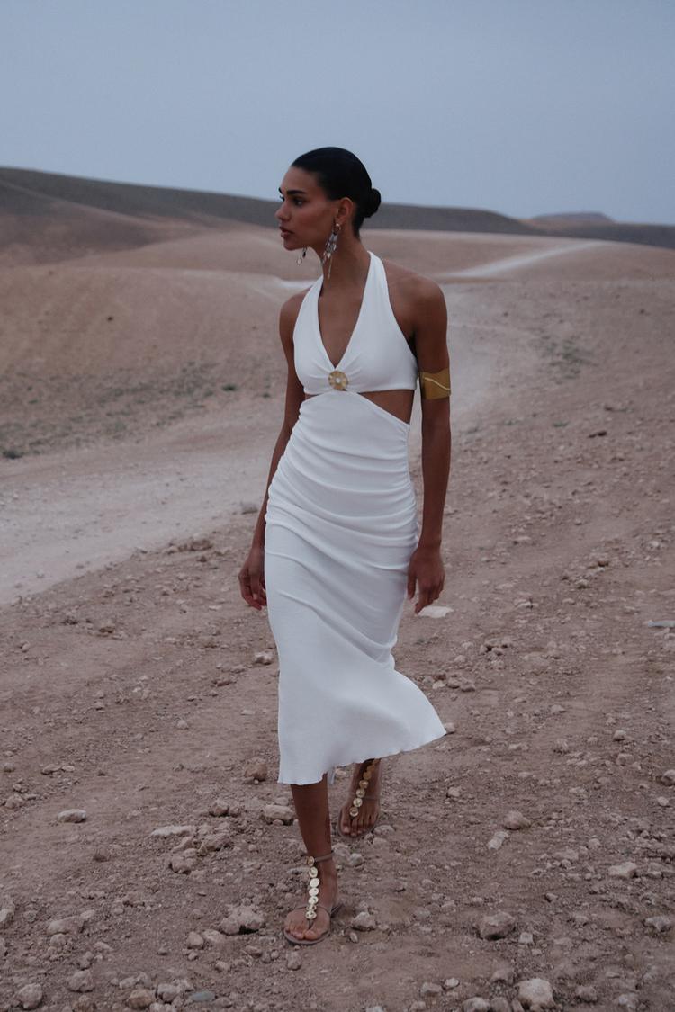 Zara Italia Zara Vestito Bianco E Verde Maxi Vestito Satin Zara - Main Image