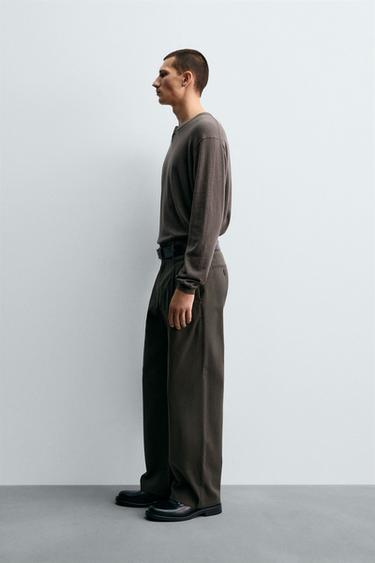 COTTON-VISCOSE PLEATED TROUSERS - Dark khaki by Zara - Image 3