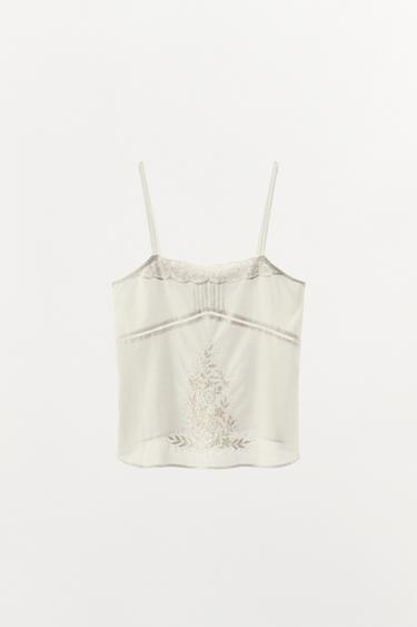 EMBROIDERED BEADED STRAPPY TOP - Oyster-white by Zara - Image 3