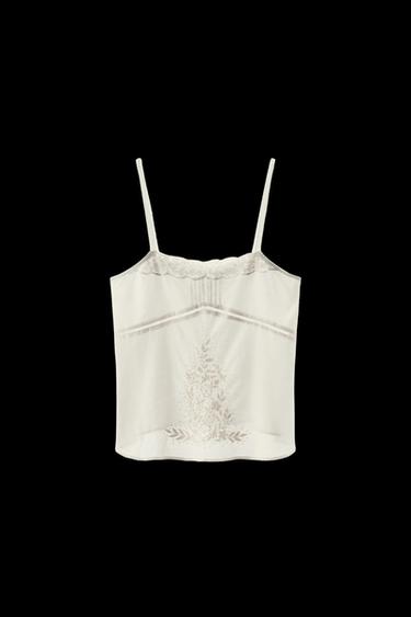 Zara EMBROIDERED BEADED STRAPPY TOP - Oyster-white - Image 0