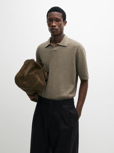 Zara Cable-knit V-neck polo shirt - Mid-green