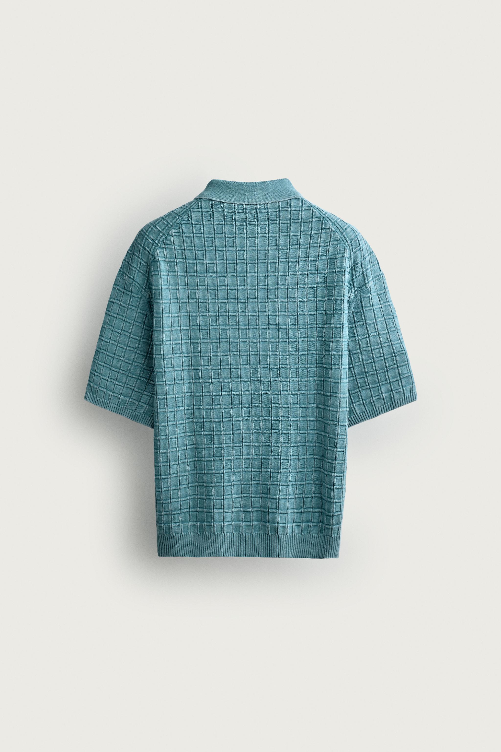 ウォッシュ加工チェック柄ニットポロシャツ - ライトブルー | ZARA