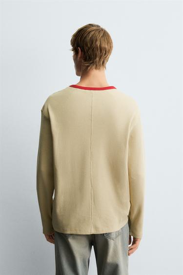CONTRAST CHECKERED WAFFLE-KNIT T-SHIRT - camel by Zara - Image 2