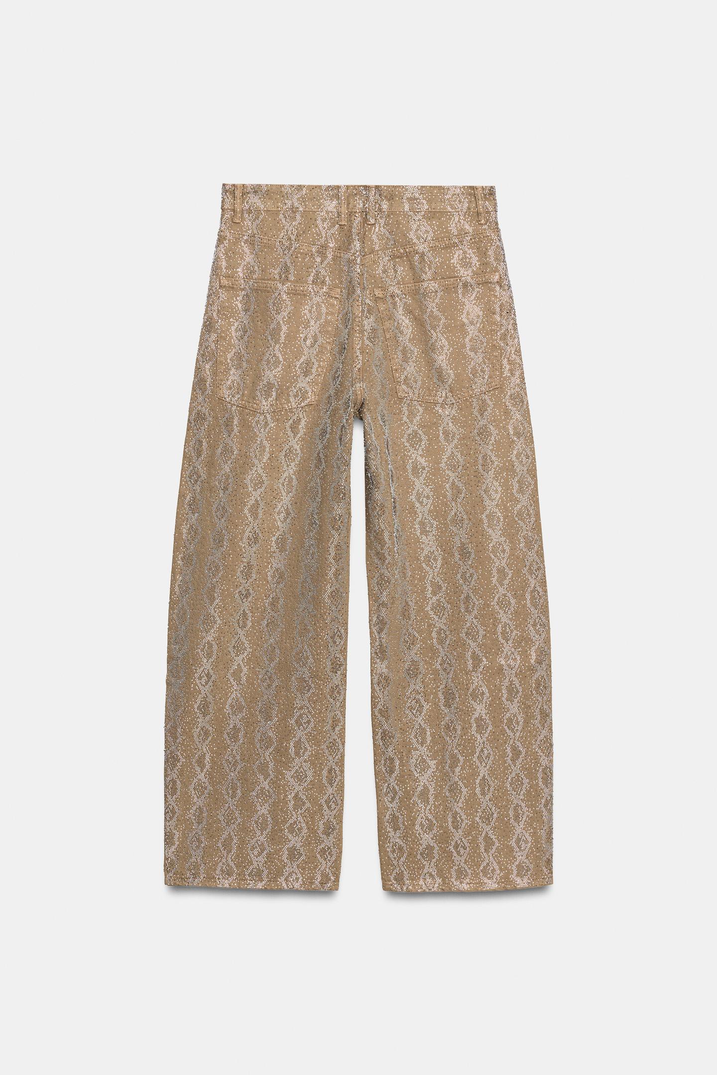 Женские джинсы Zara Mid-Rise Animal Print Sparkle Baggy Trf, цвет: Светлый хаки — фото 8