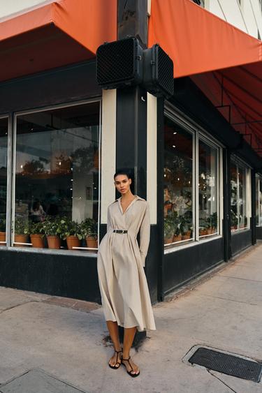 MIDI DRESS WITH BELT - Beige by Zara