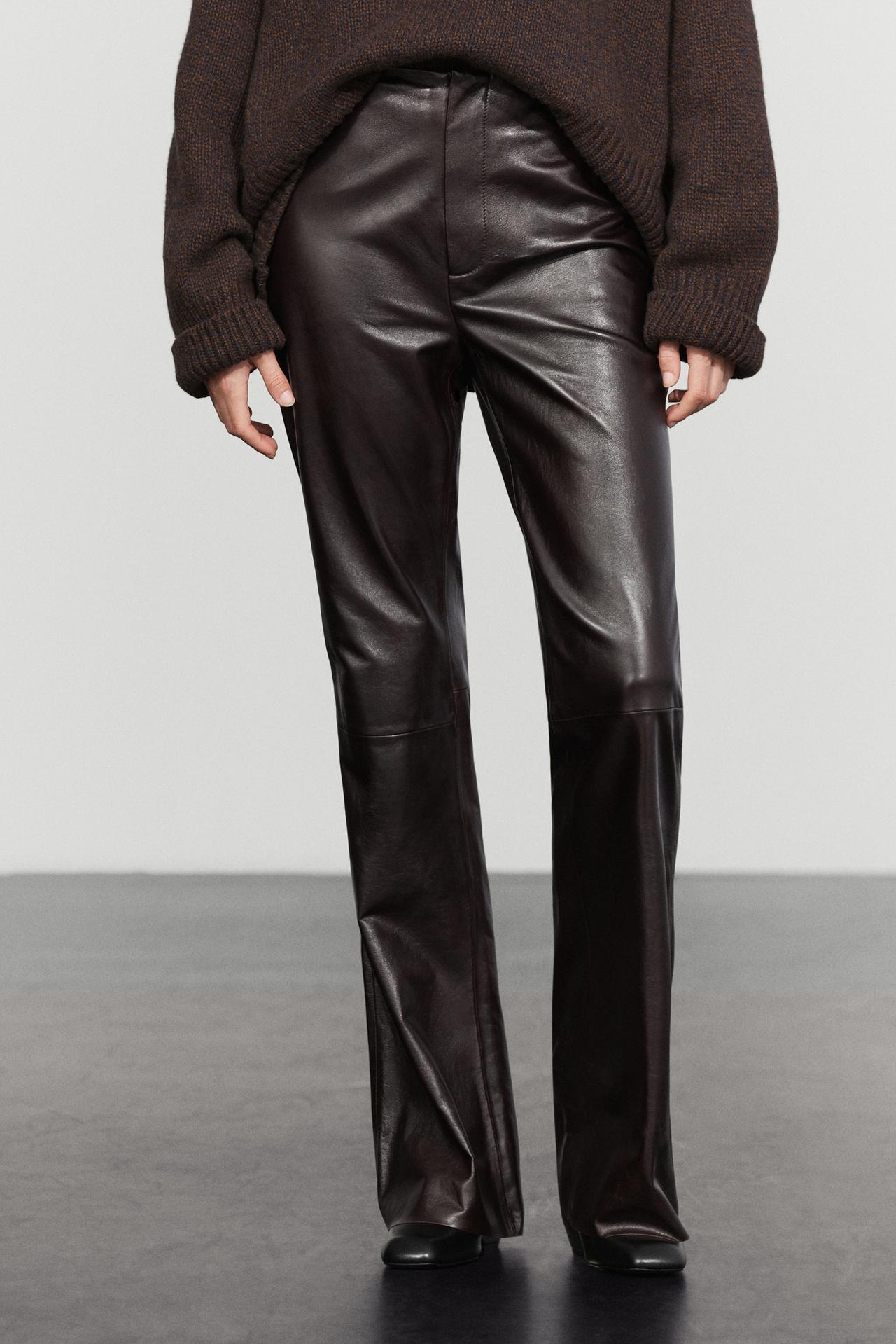 Nappa leather flare fit pants with seams — Brown