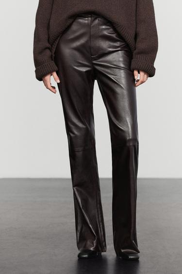 Nappa leather flare fit pants with seams — Brown 2