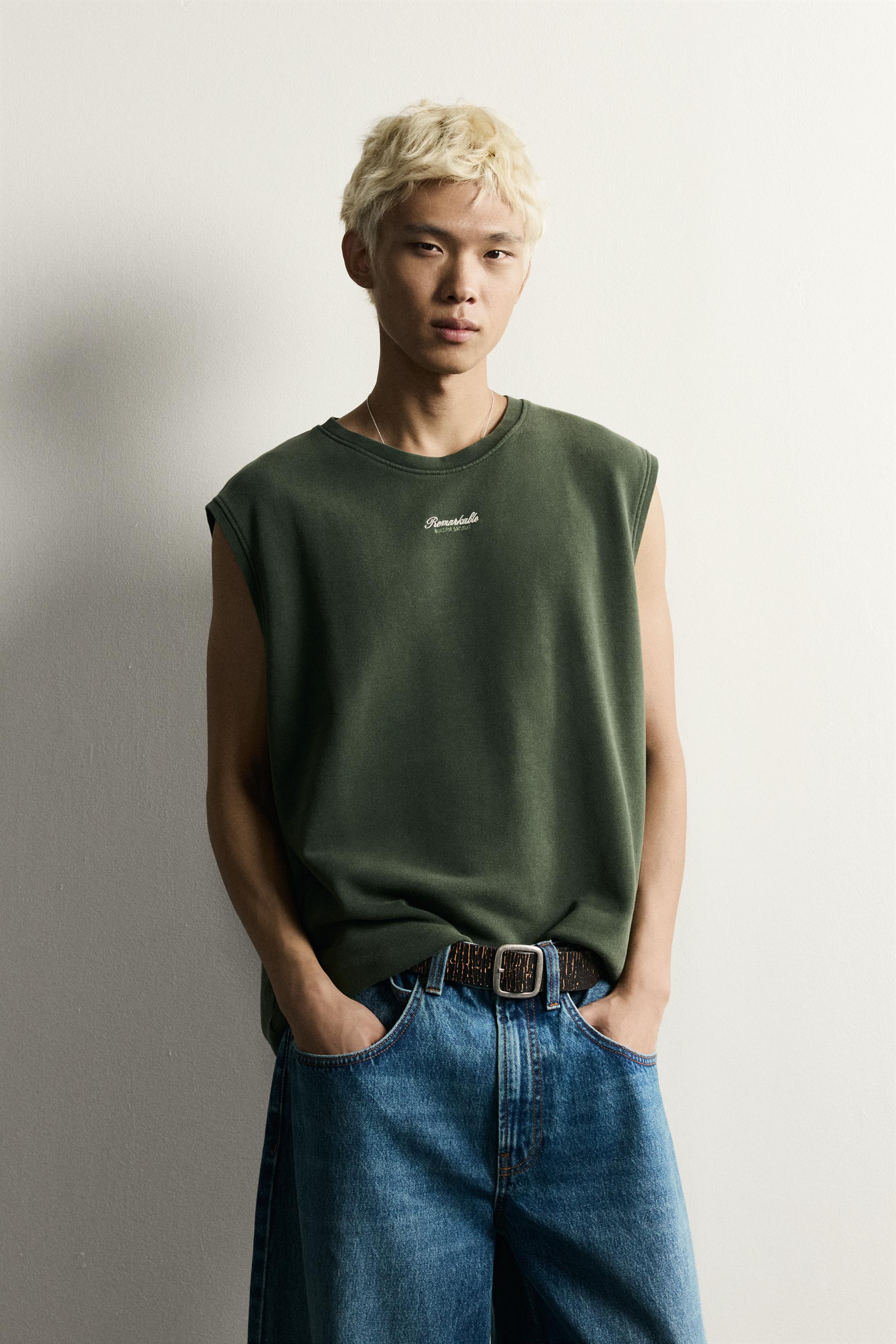 RELAXED FIT EMBROIDERED TEXT TANK SWEATSHIRT — Dark green