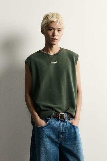 RELAXED FIT EMBROIDERED TEXT TANK SWEATSHIRT — Dark green 2
