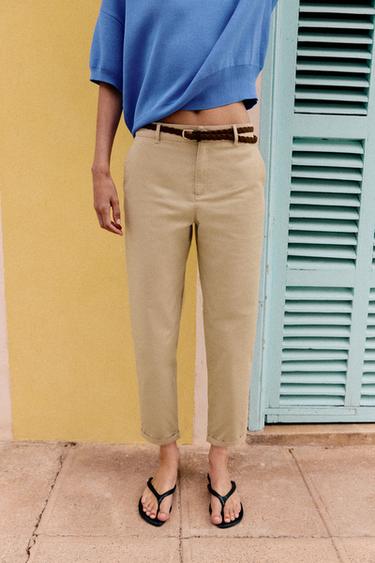 Zara BRAIDED BELT CHINO PANTS - Light camel