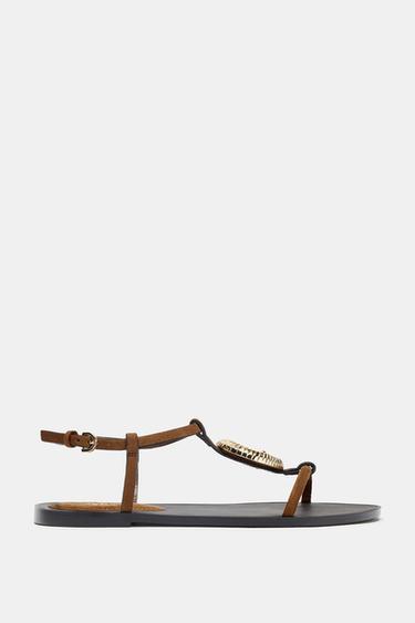 Zara FLAT SANDALS WITH METALLIC TRIM - Brown